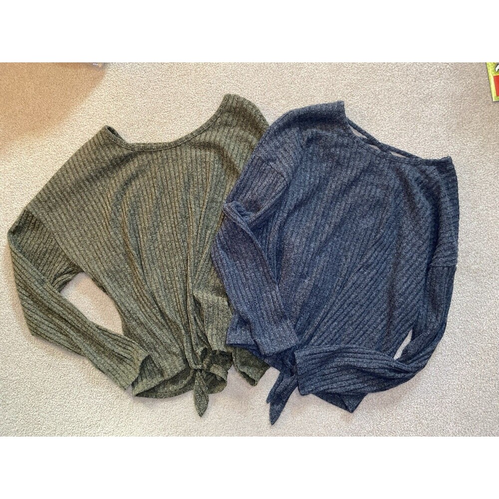 Lot of 2 No Boundaries Waffle Knit Tie Front Tops Charcoal Green Size XXXL 21